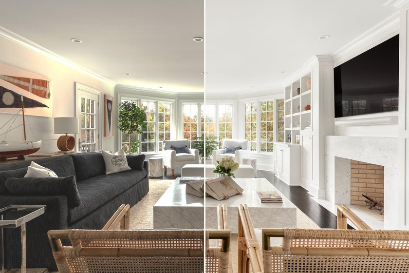 Living room photo, before and after editing