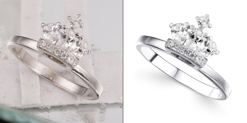 Diamond ring photo, before and after retouching