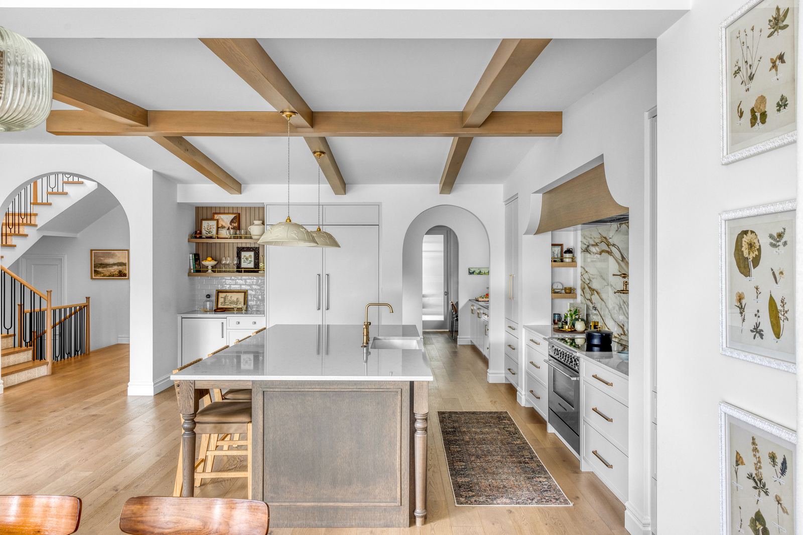 Kitchen with wood beam ceiling