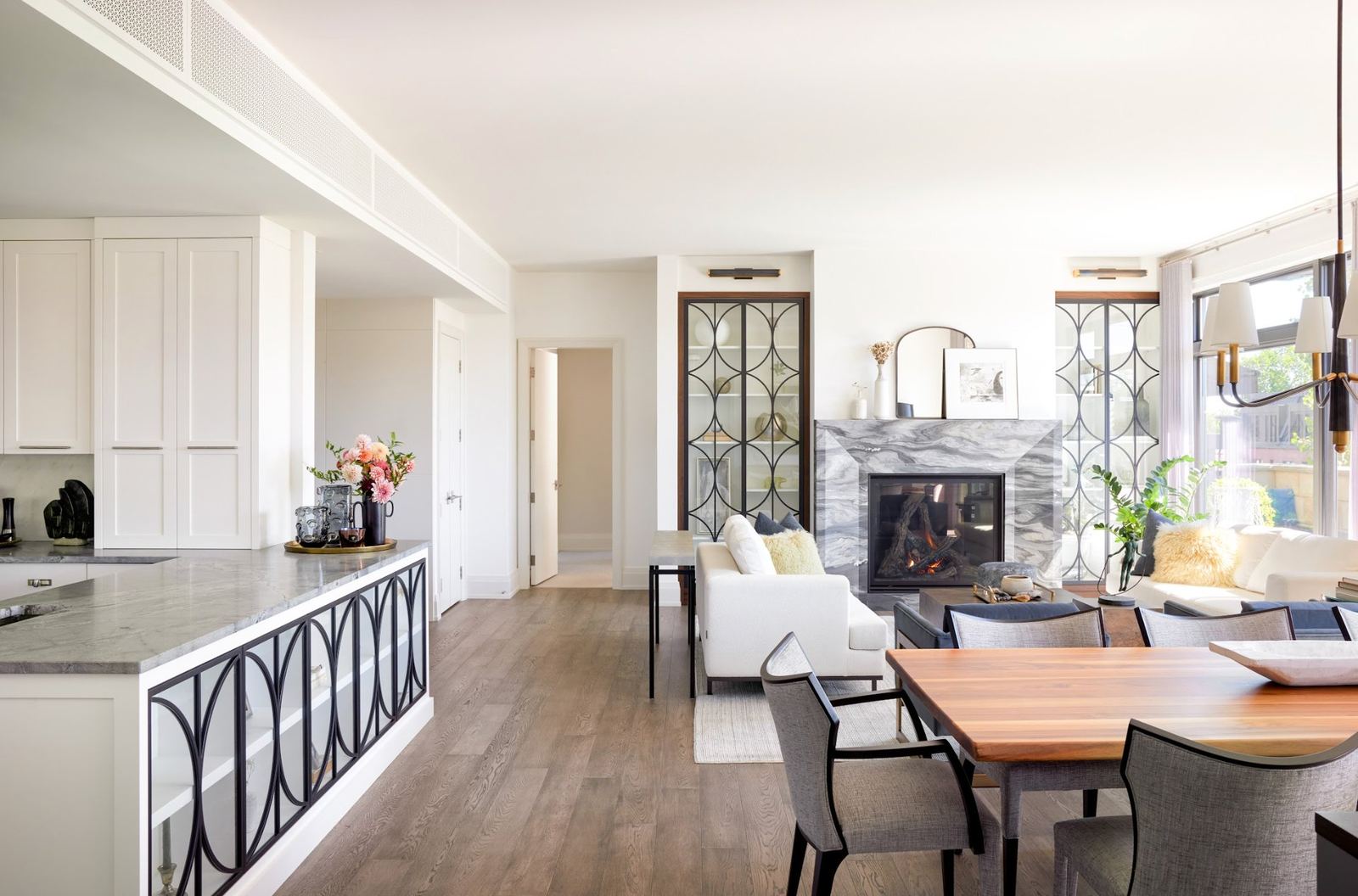 Open-plan living room with fireplace